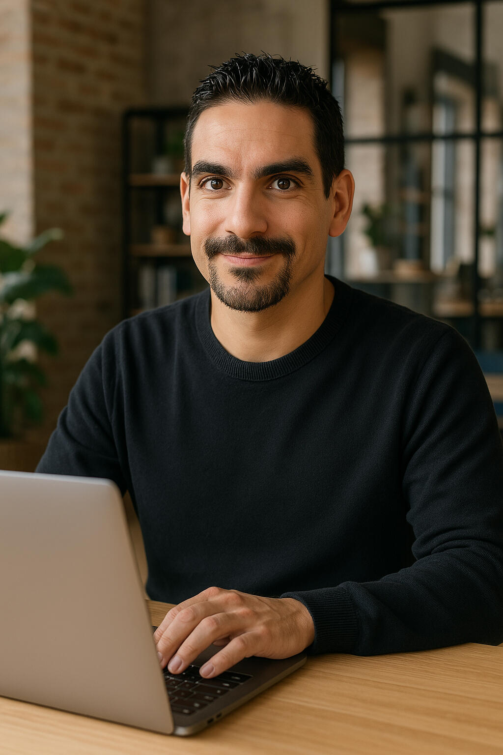 Raúl, founder of Second Wind Partners, seated at a laptop and smiling, representing the personal, one-to-one nature of the service.