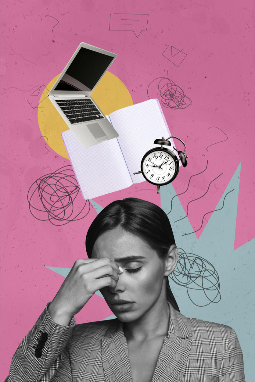 Stressed businesswoman with visual clutter representing leads going cold.